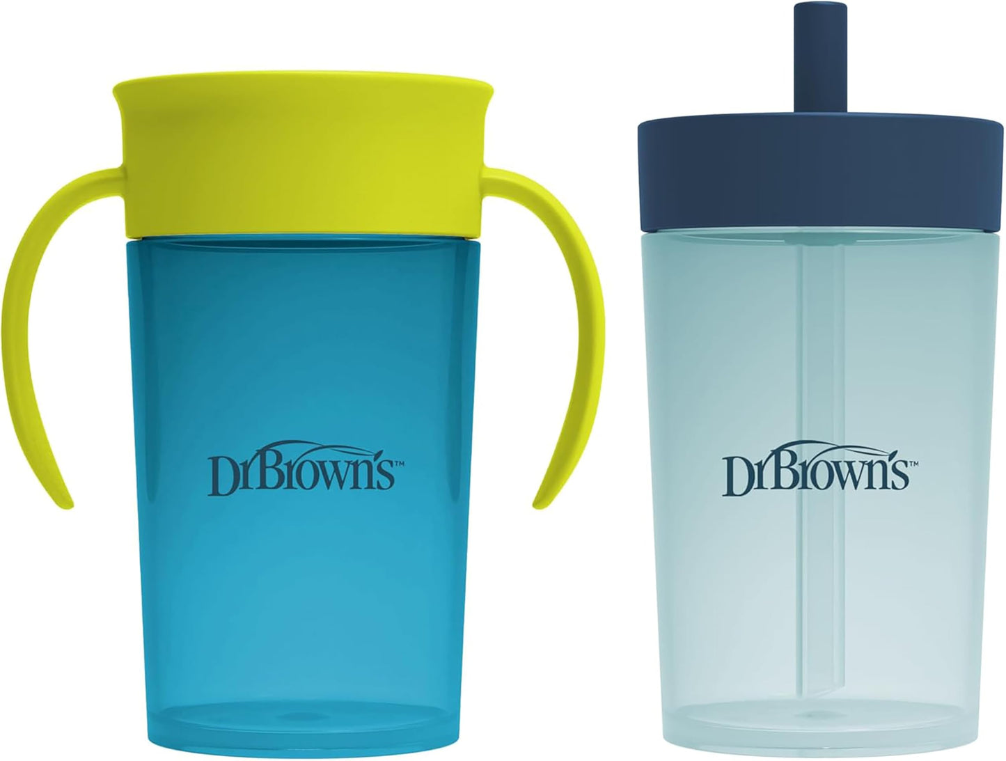 Dr. Brown's Milestones Straw to 360° Cup Set, Convertible Toddler Training Cup Set with Interchangeable Silicone Straw and 360 Degree Cup Lids, Blue Green, 10 oz/300 mL, BPA Free, 9m+, 2 Pack
