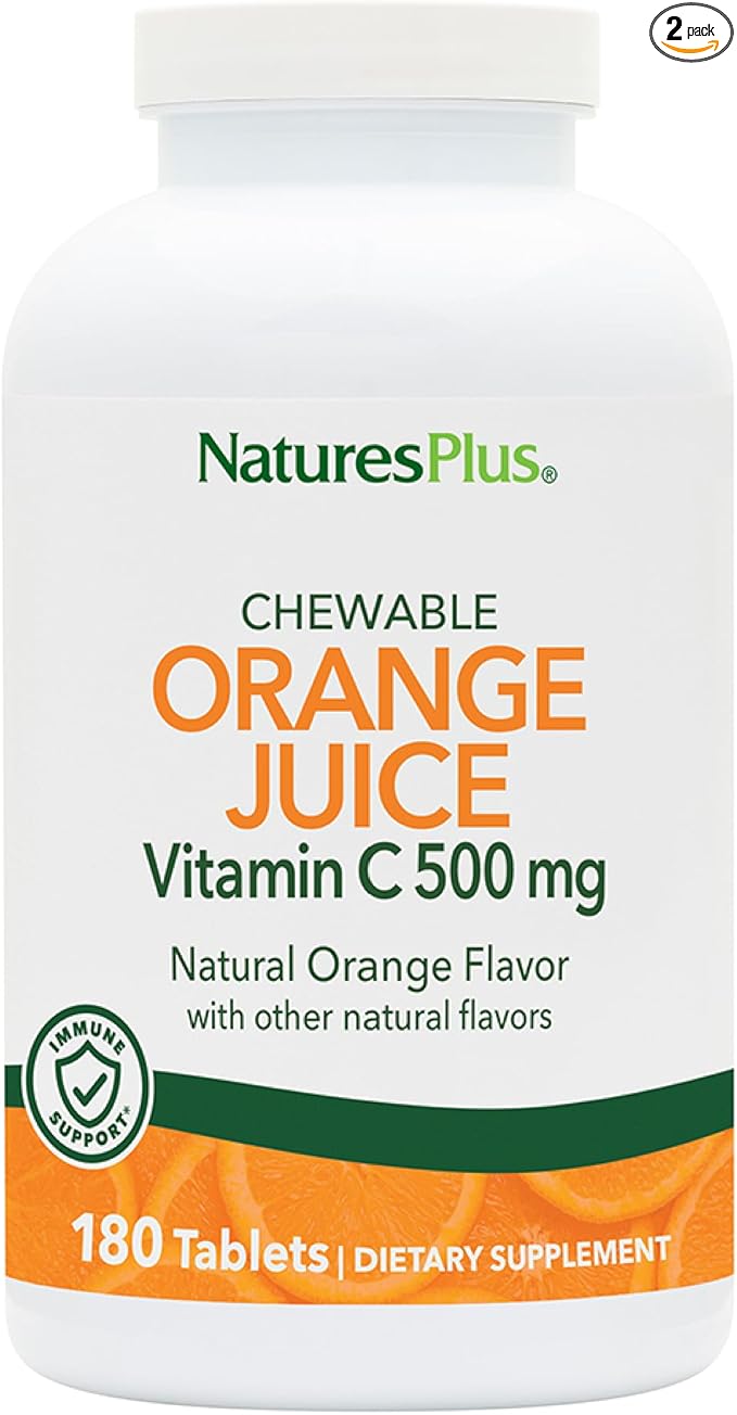 NaturesPlus Orange Juice Vitamin C 500 mg - 180 Chewable Tablets, Pack of 2 - Promotes Optimal Immune Health - Gentle on Your Stomach - Vegan, Gluten Free - 360 Total Servings