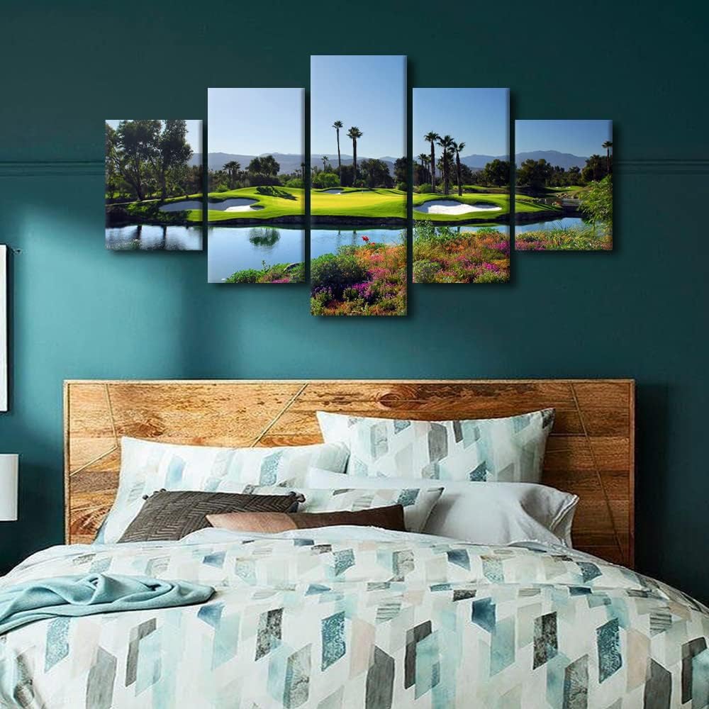Golf Paintings Bedroom Wall Decor Green Lawn Pictures Multi Panel Canvas Wall Art Premium Quality Artwork Contemporary Home Decorations Framed Stretched Posters and Prints Ready to Hang - 60"W x 32"H