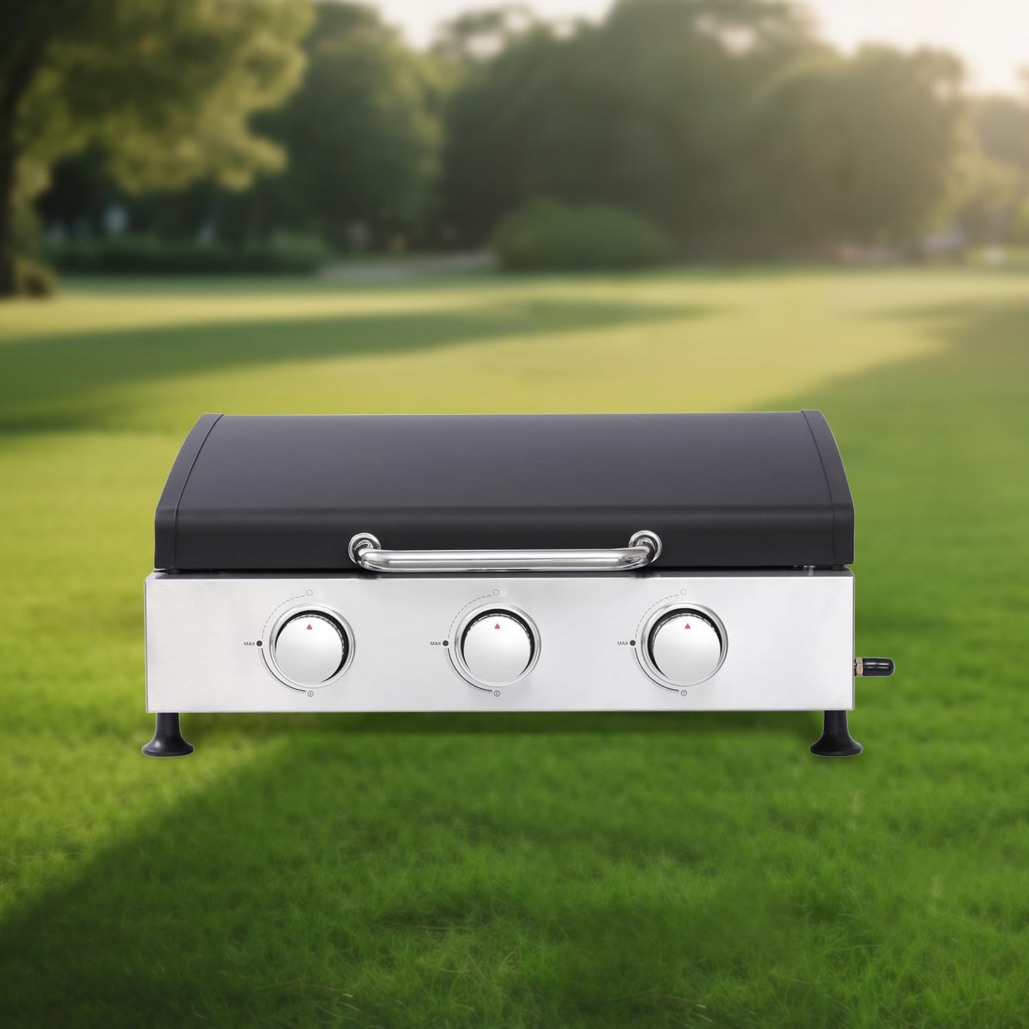 3-Burner Propane Gas BBQ Grill with SS Plancha, 28,650 BTU Output, Wire Enamel Cooking Grids, Heavy-Duty Stainless Steel Grill