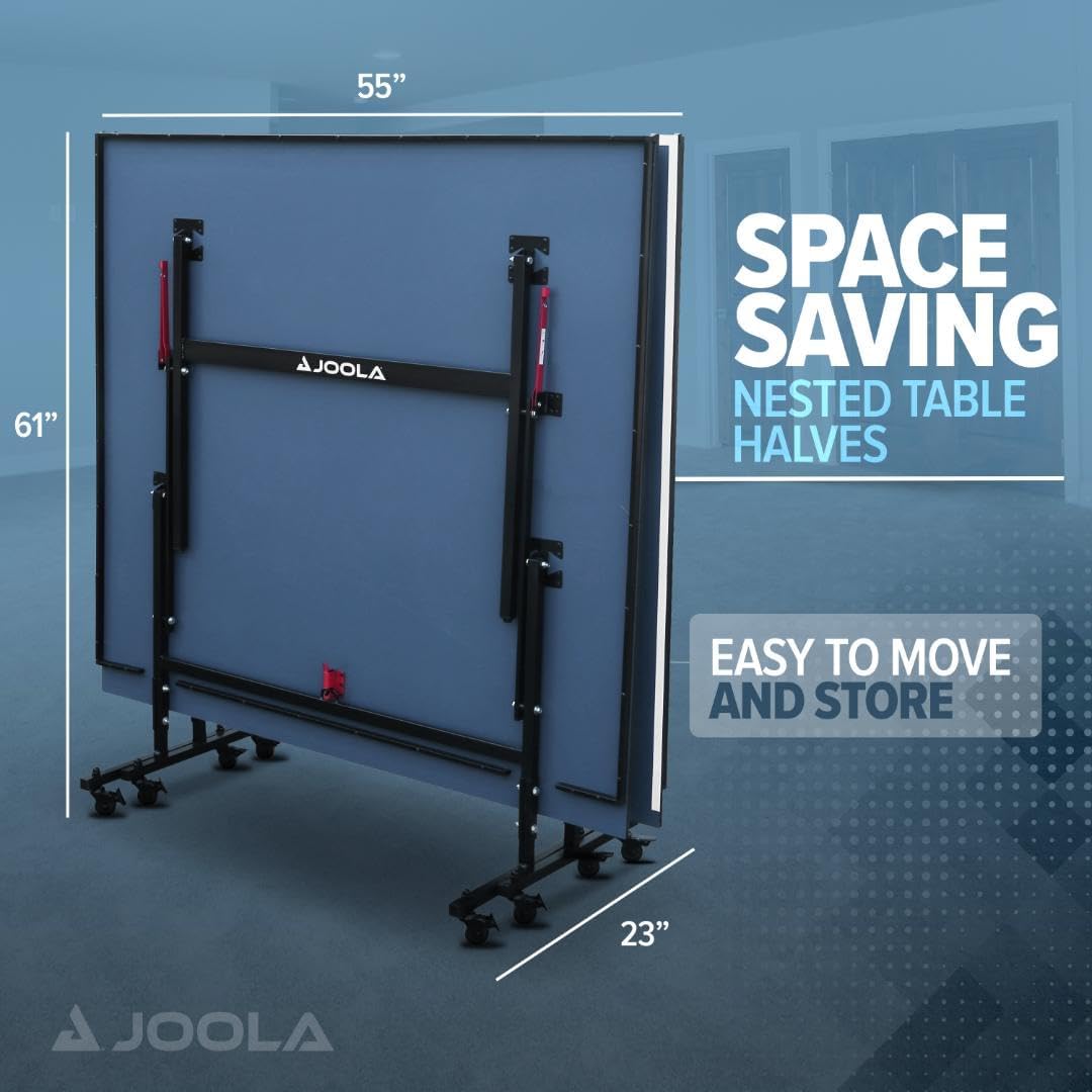 JOOLA Inside Professional MDF Indoor Ping Pong Table with Quick Clamp Table Tennis Net and Post Set - 10 Minute Easy Assembly - Tournament Quality - Foldable with Single Player Playback Mode