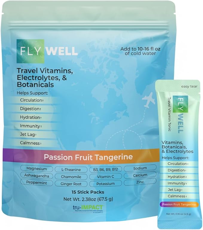 FlyWell Travel Vitamin Tonic for Flight, Jet Lag, Hydration, Circulation, Digestion & Immune Support, Promotes Calmness, E...