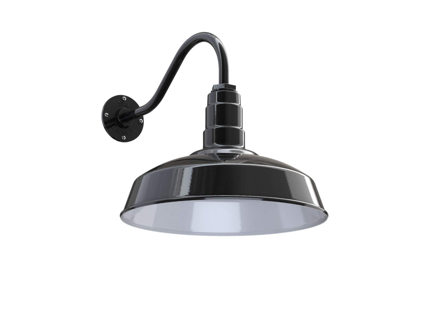 Steel Lighting Co. Gardena Barn Light - Outdoor Wall Mounted, 16in Dome, Dusk to Dawn, Black Exterior/White Interior, 16in Gooseneck