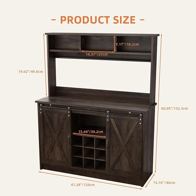 4ever2buy Farmhouse Coffee Bar Cabinet with Storage, 47” Wine Bar with Sliding Barn Doors and 3 Storage Hutch, Hutch Cabinet with 6 Hooks & 9 Wine Racks for Dining Room, Kitchen, Dark Oak