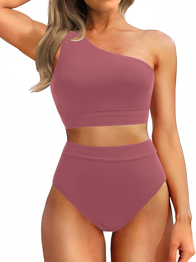 Holipick Women One Shoulder High Waisted Bikini Sets Two Piece Swimsuit Tummy Control Bathing Suit Full Coverage Swimwear