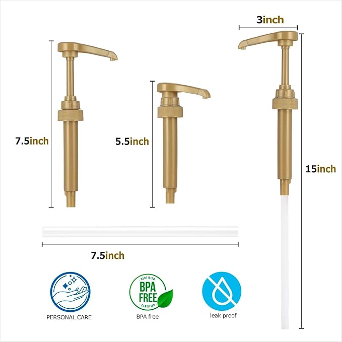 6 Pcs Coffee Syrup Pump Dispenser - Premium Skinny Syrup Pumps Fit for 25.4oz Torani Davinci Syrup Bottles (Gold)