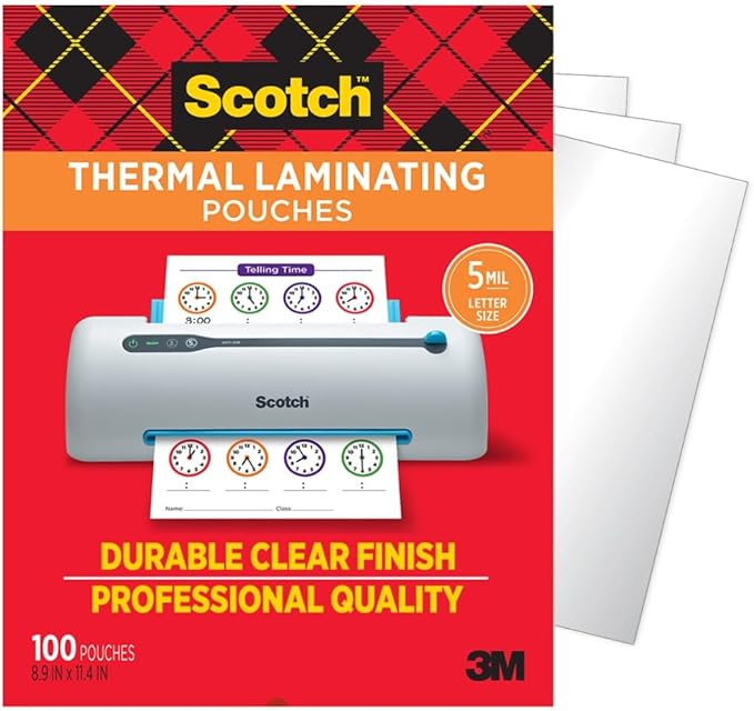 Scotch Thermal Laminating Pouches, 100 Count, Clear, 5 mil, Laminate Business Cards, Small Banners, Essays, Office or Scho...