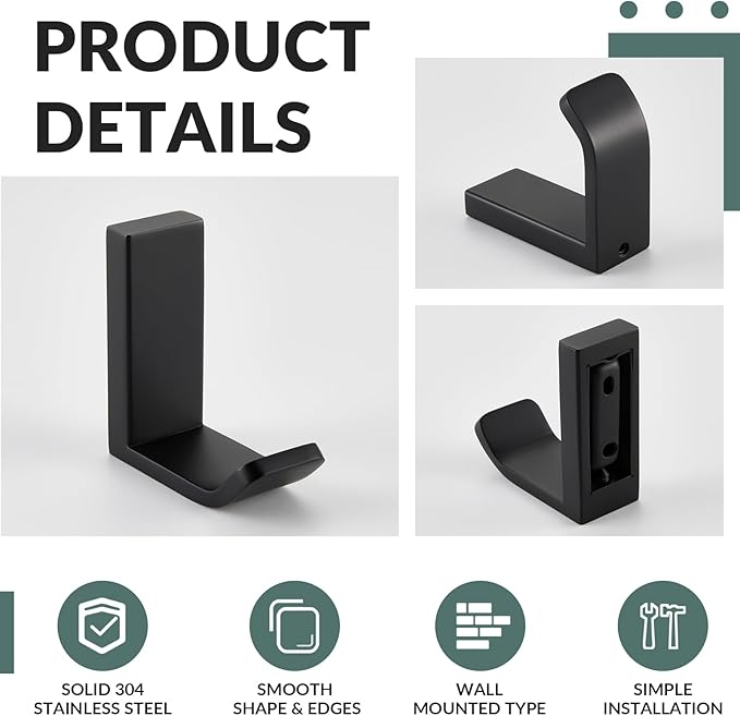 APLusee 2 Pack Bath Robe Hook, 304 Stainless Steel L Shape Coat Holder, Bathroom Home Accessories Matte Black