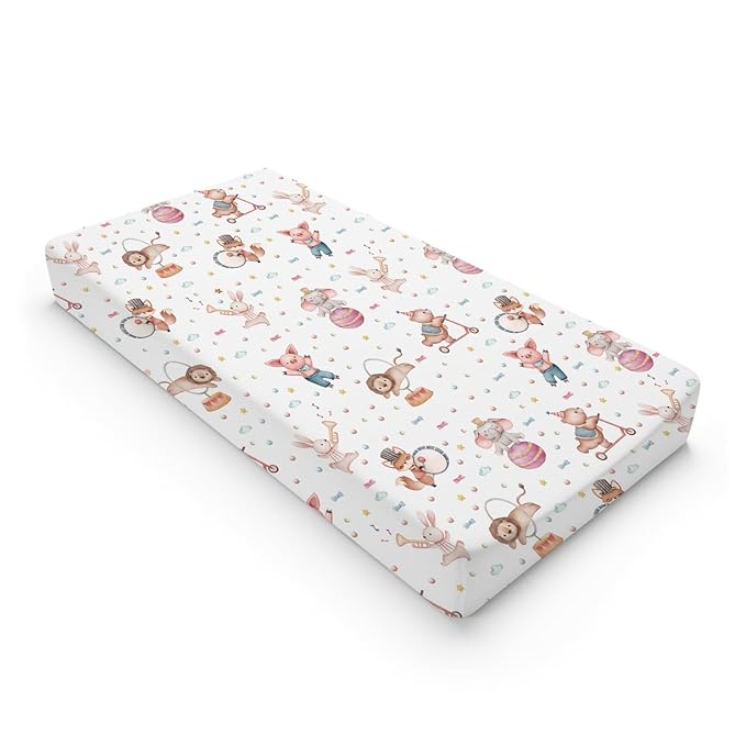 Watercolor Circus Animals Changing Pad Cover Cartoon Bear Lion Fox Bunny Elephant Pig Baby Diaper Change Table Sheets for Boy Girl Soft Stretchy Snug Fitted Changing Table Pad Mats 32''x16''