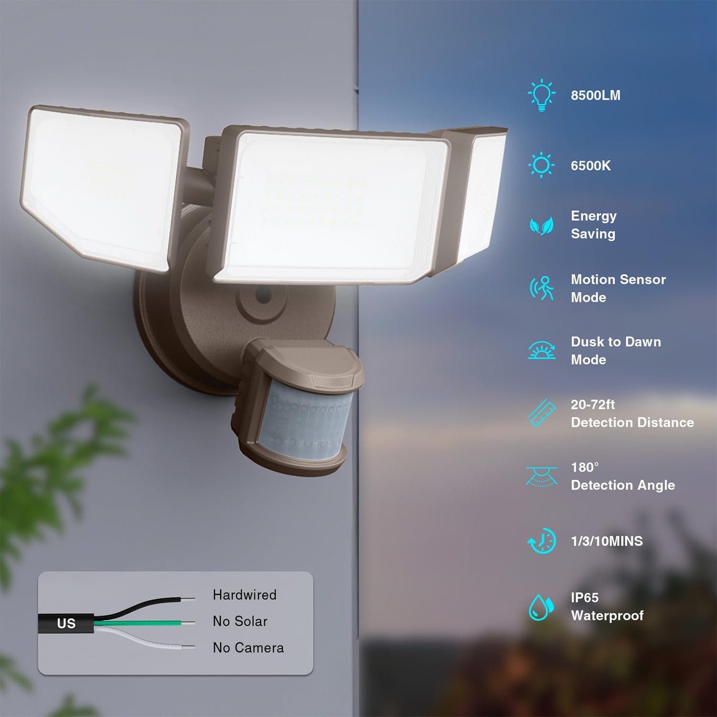 Abovizo 85W LED Security Light, 8500LM Motion Sensor, IP65 Waterproof, 6500K, 3 Heads, Brown, Model AB22/G85N-3