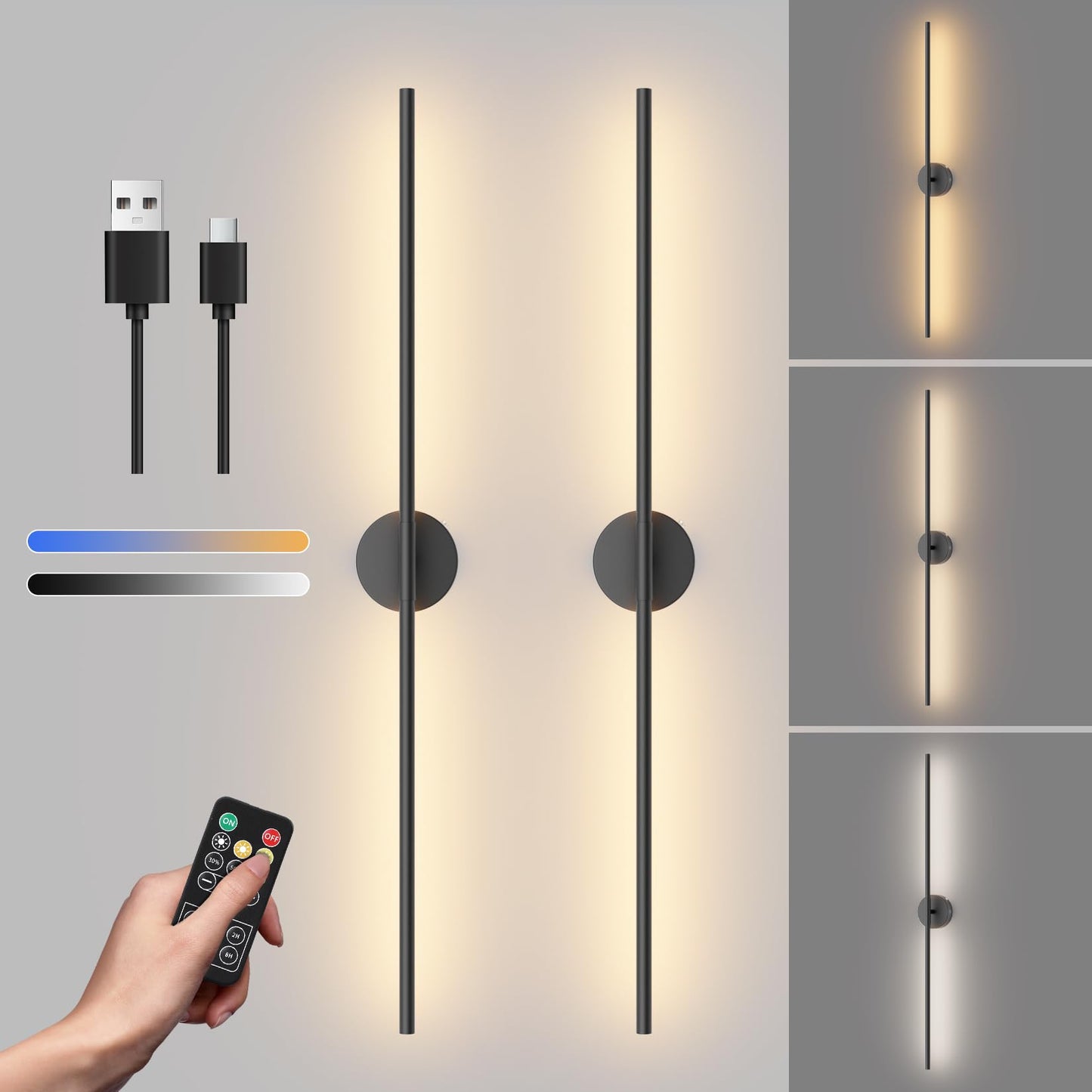 Tipace Dimmable Battery Operated Wall Sconces Set of 2, Black LED, 39.4 Inch, Model GW9825