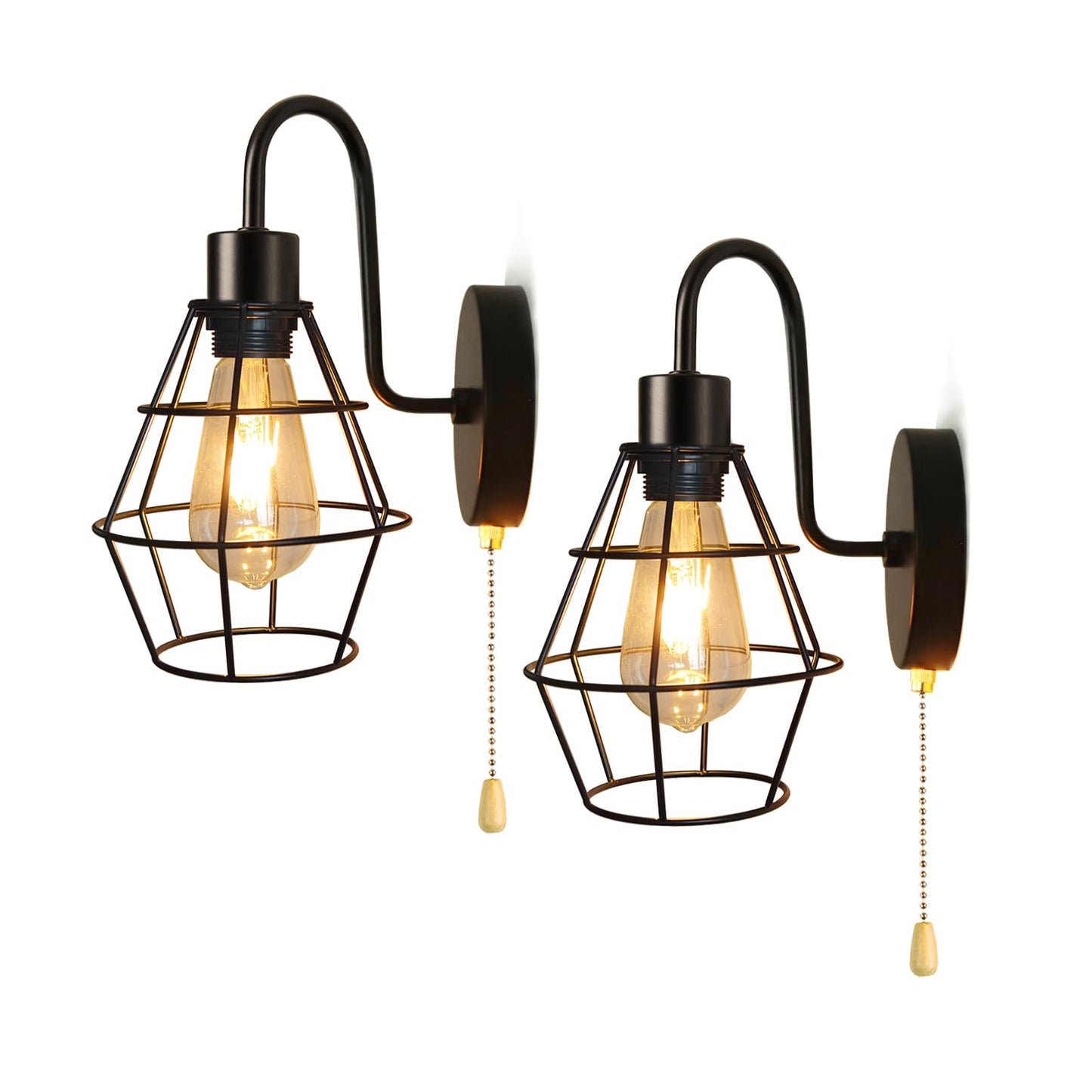 Dtiedy Wire Cage Wall Sconce With Pull Chain 2Pack  Hardwire Wall Lights With On Off Switch  Metal Wall Mount Light Fixture Indoor E26 Vintage Black Wall Lighting For Living Room  Bedroom