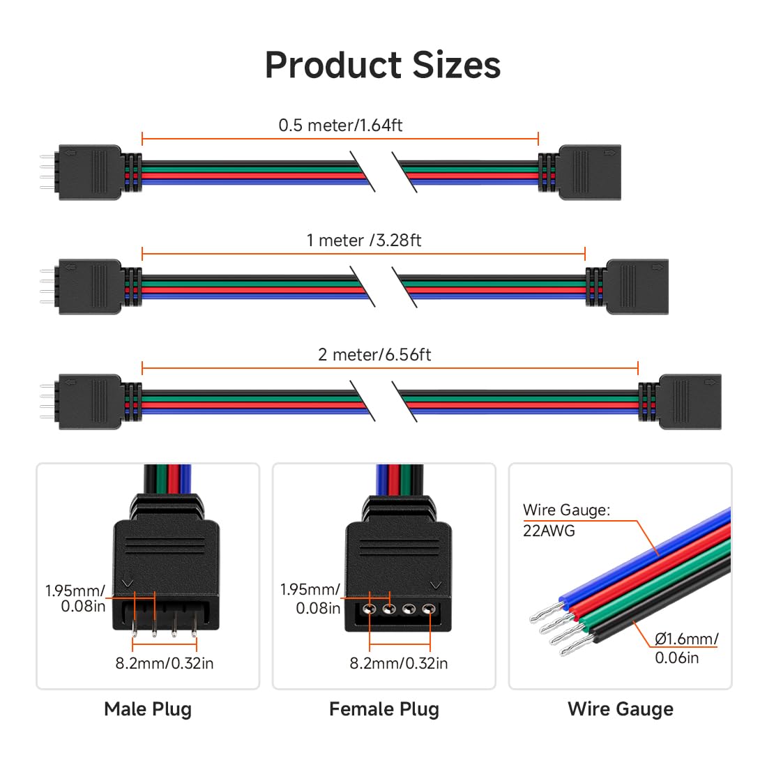 Btf-Lighting 5 Pack 22Awg 4 Pin Jst Male To Female Plug Led Connector 6.56Ft/2M Extension Cable For Fcob Smd Rgb Led Strip Lights Solderless Controller Wire