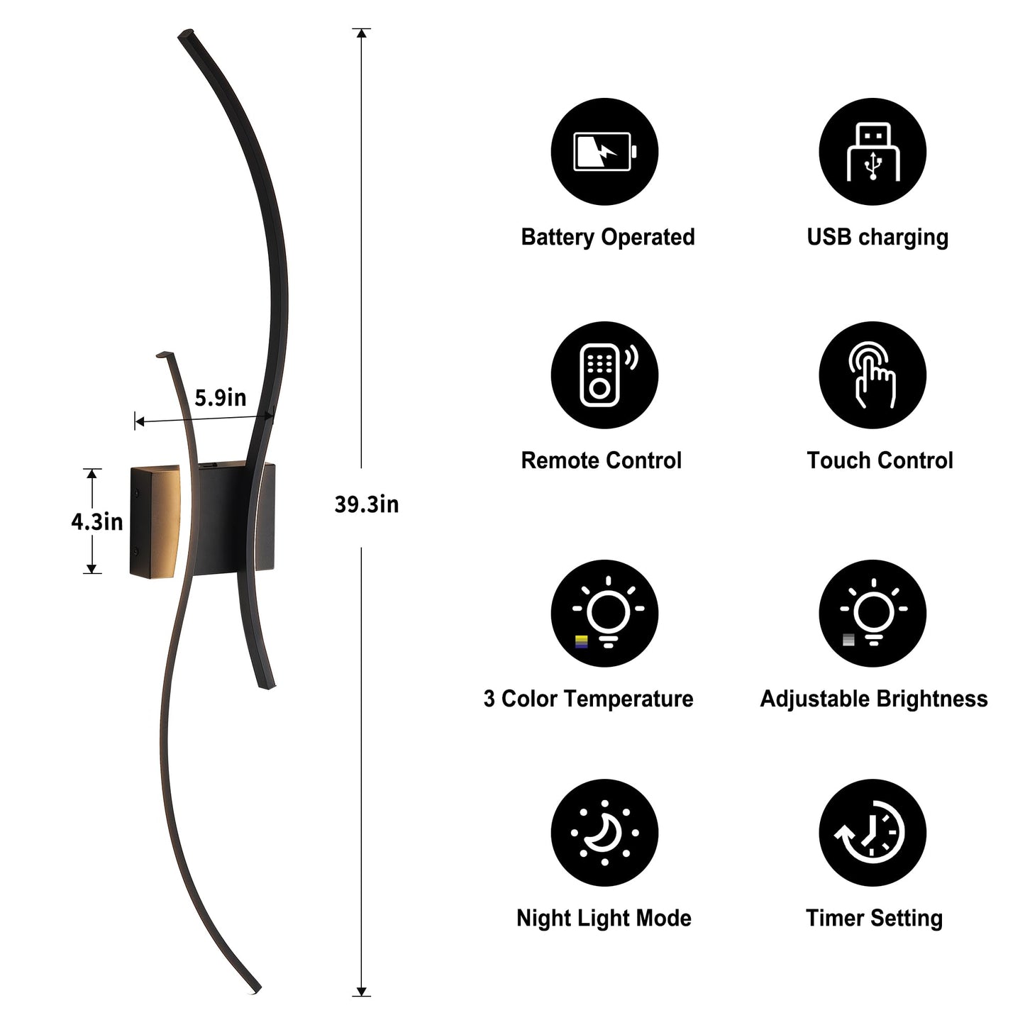 KARTOOSH Battery Operated Wall Sconce, Remote Control, LED, Stepless Colors 3000K-6000K, 39.3 Inch, Black, Model ZM319BB