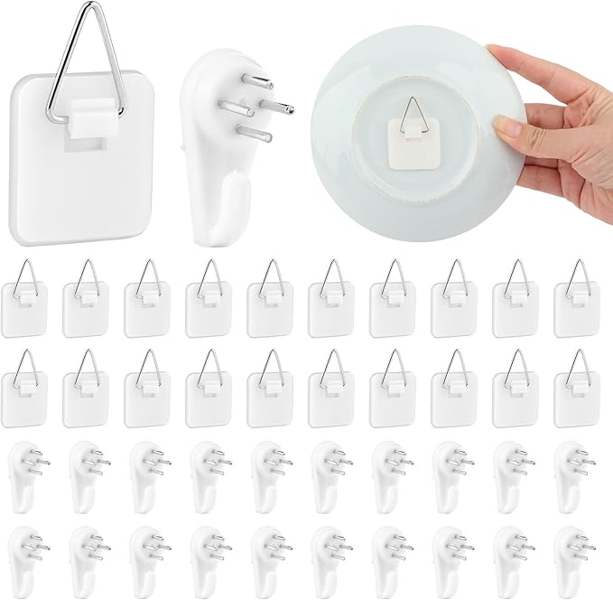 20 Pack Invisible Vertical Plate Holders, Plastic Picture Hanger Sticky Hanger, Adhesive Picture Hanger with Nail Picture Hanging Hooks for Decorative Picture Photo Plate Wall Art