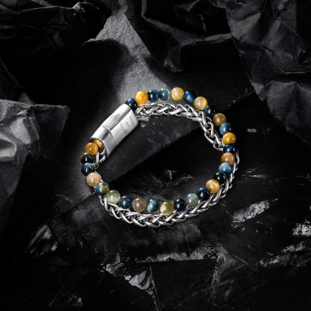 murtoo Mens Bead Leather Bracelet, Blue and Brown Bead and Leather Bracelet for Men (Silver)