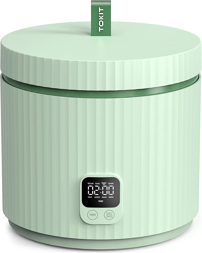 TOKIT Rice Cooker Small 3 Cup Uncooked /6 Cup Cooked, Modern Multifunctional Mini Rice Cooker with 24-H Timer & Warmer for 1-3 People Ceramic Coated Non-Stick Pot 8 Cook Functions, Avocado Green