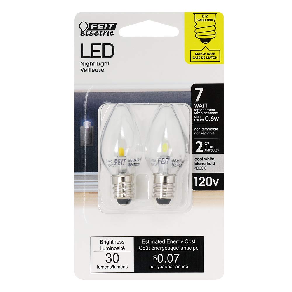 Feit Electric C7 Led Night Light Bulb, 0.6W, 4000K Cool White, Clear, 2 Count, Candelabra Base, Model Bpc7/Led