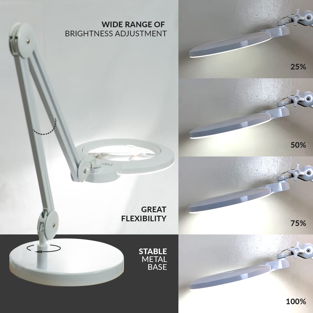 Neatfi XL Bifocal LED Magnifying Lamp 7-Inch Lens 5D/20D Magnification Adjustable Arm White with Base