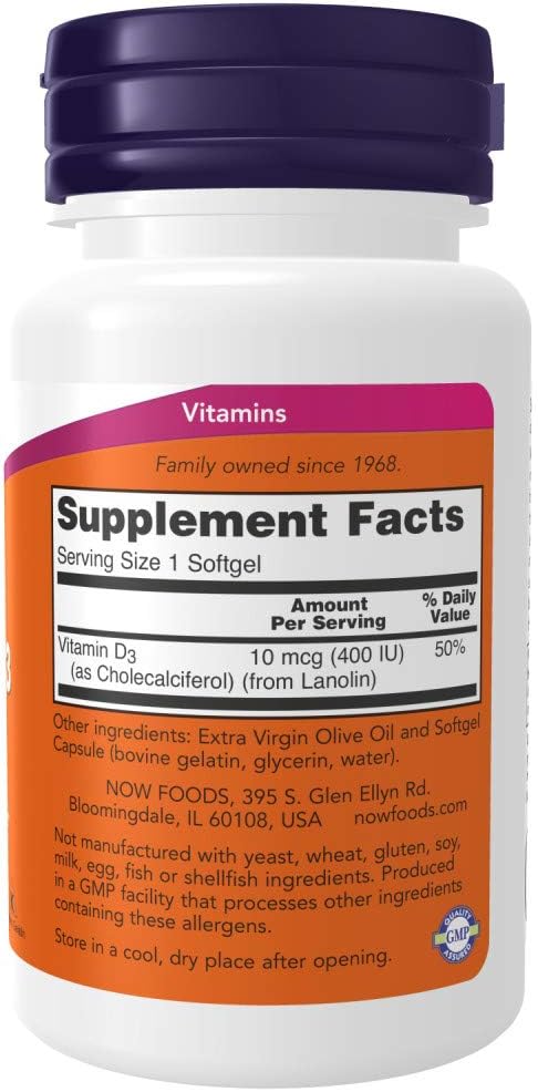 NOW Foods Vitamin D-3 400 IU Softgels, 2 pk, 180 Count (Pack of 2)