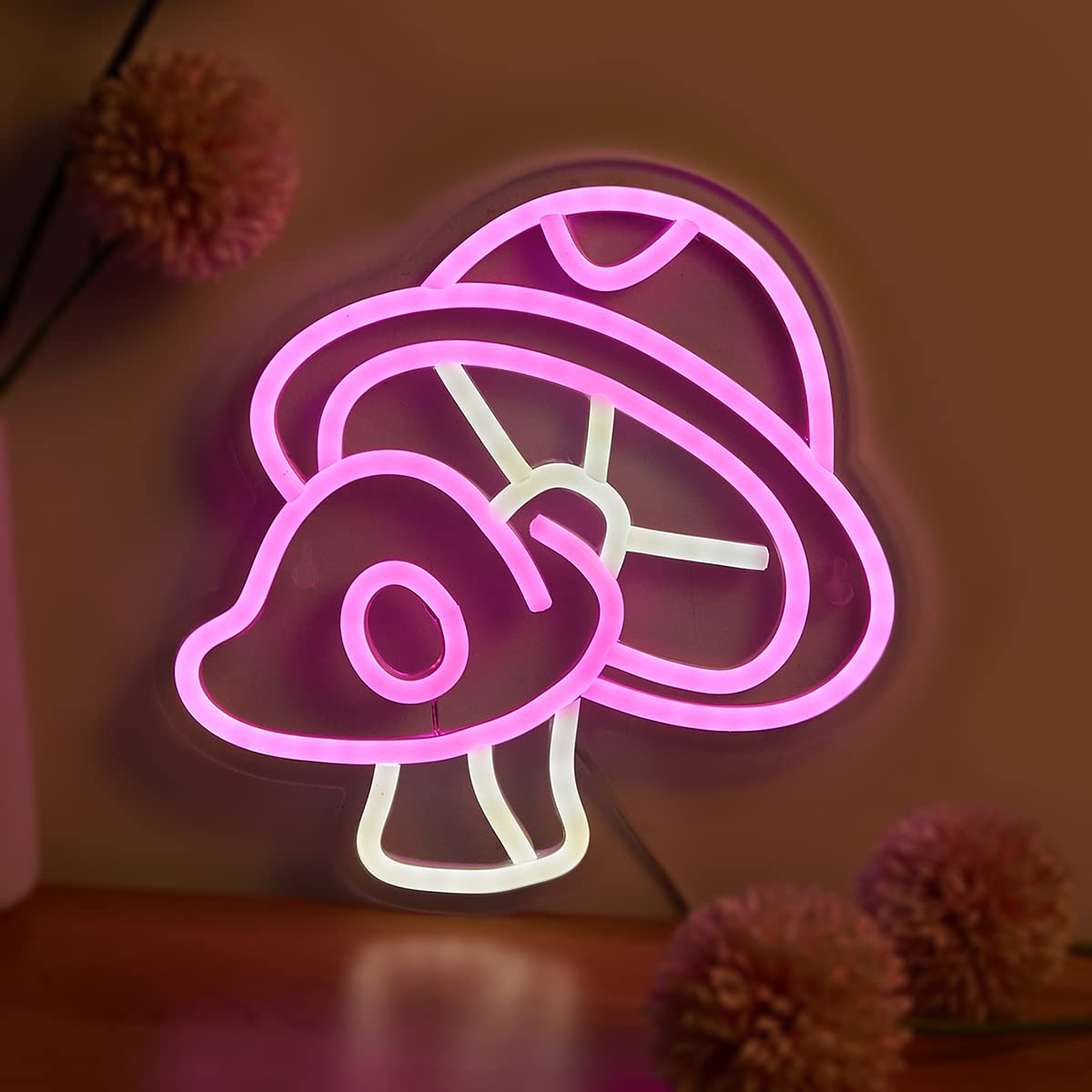 Chi-buy LED Neon Sign - USB Powered Mushroom Night Light - Double Pink - Polystyrene - 3D Wall Art for Kids Room Decor