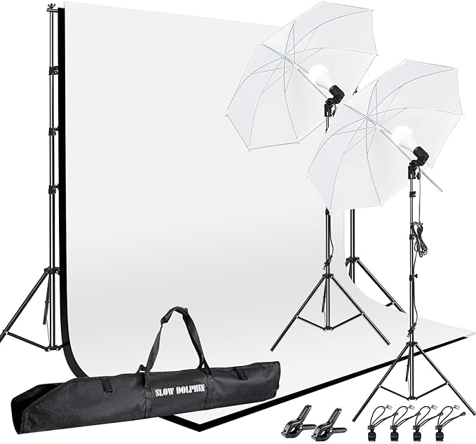 SLOW DOLPHIN 10 x 8.5 ft Photography Photo Video Studio Background Stand Support Kit with Muslin Backdrop (White Black), 5...