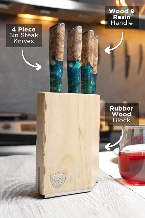 Dalstrong Steak Knives Block Set - 5 inch 4 Piece Set - Valhalla Series - Premium 9CR18MOV HC Steel - Celestial Resin & Wood Handle - Razor Sharp - Kitchen Cooking Chef's Knife - Leather Sheath