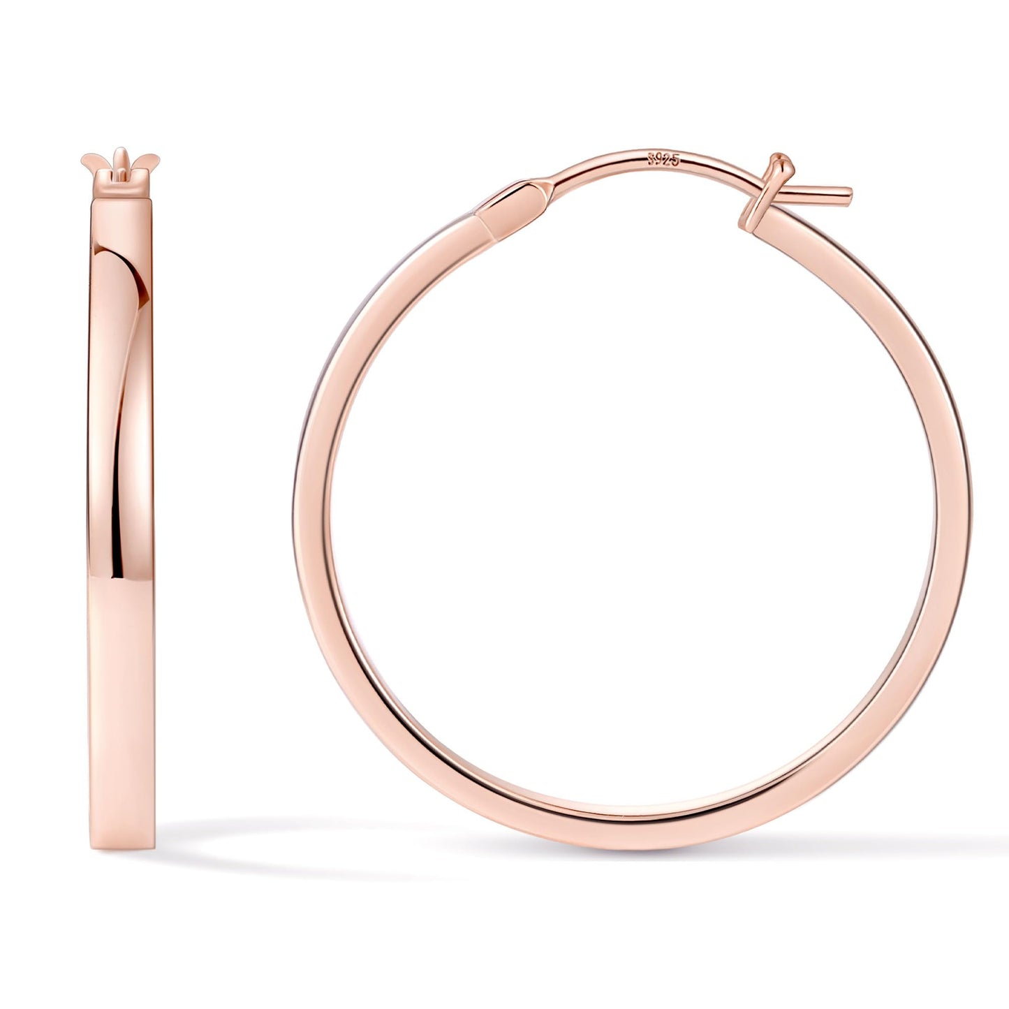 Gacimy Rose Gold Hoop Earrings for Women, 14K Real Rose Gold Plated Flatted Hoops with 925 Sterling Silver Post, 30mm Medium Ear