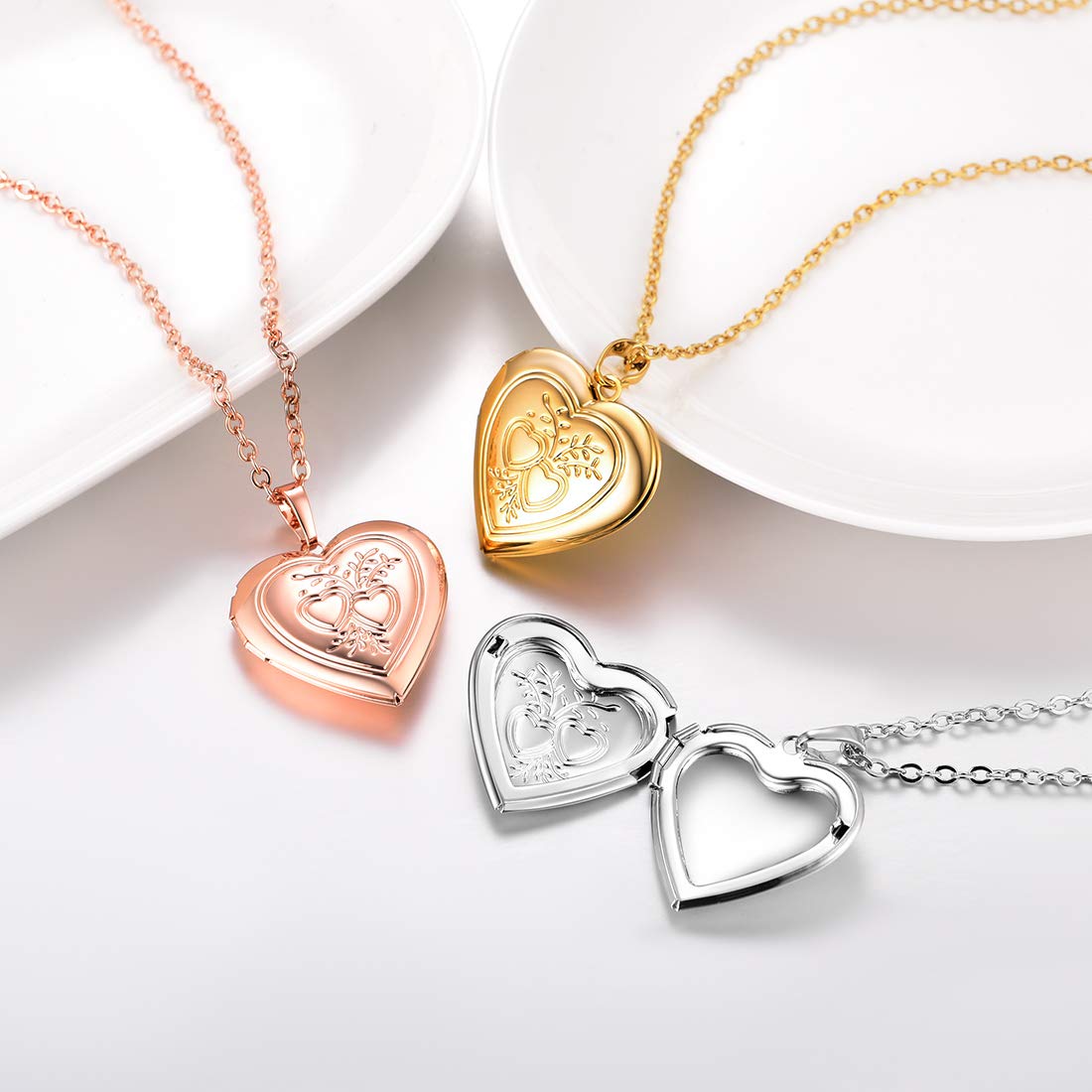 U7 Women Rose Gold Plated Heart & Heart Photo Locket Necklace That Hold Picture, with Gift Box