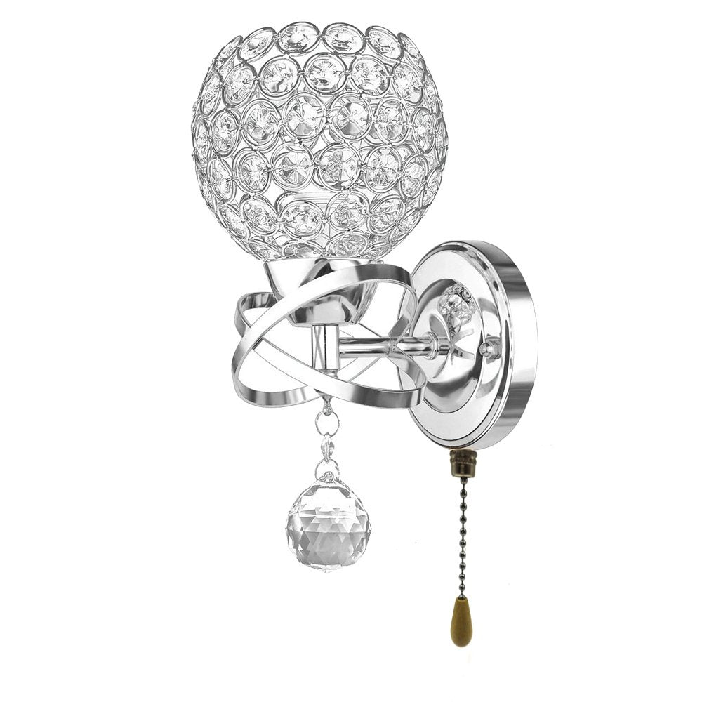 WeFoonLo Modern Crystal Wall Light Fixture, Chrome Finish, E14 Socket, Spherical, Bedroom Sconce, Model TL1135, Silver