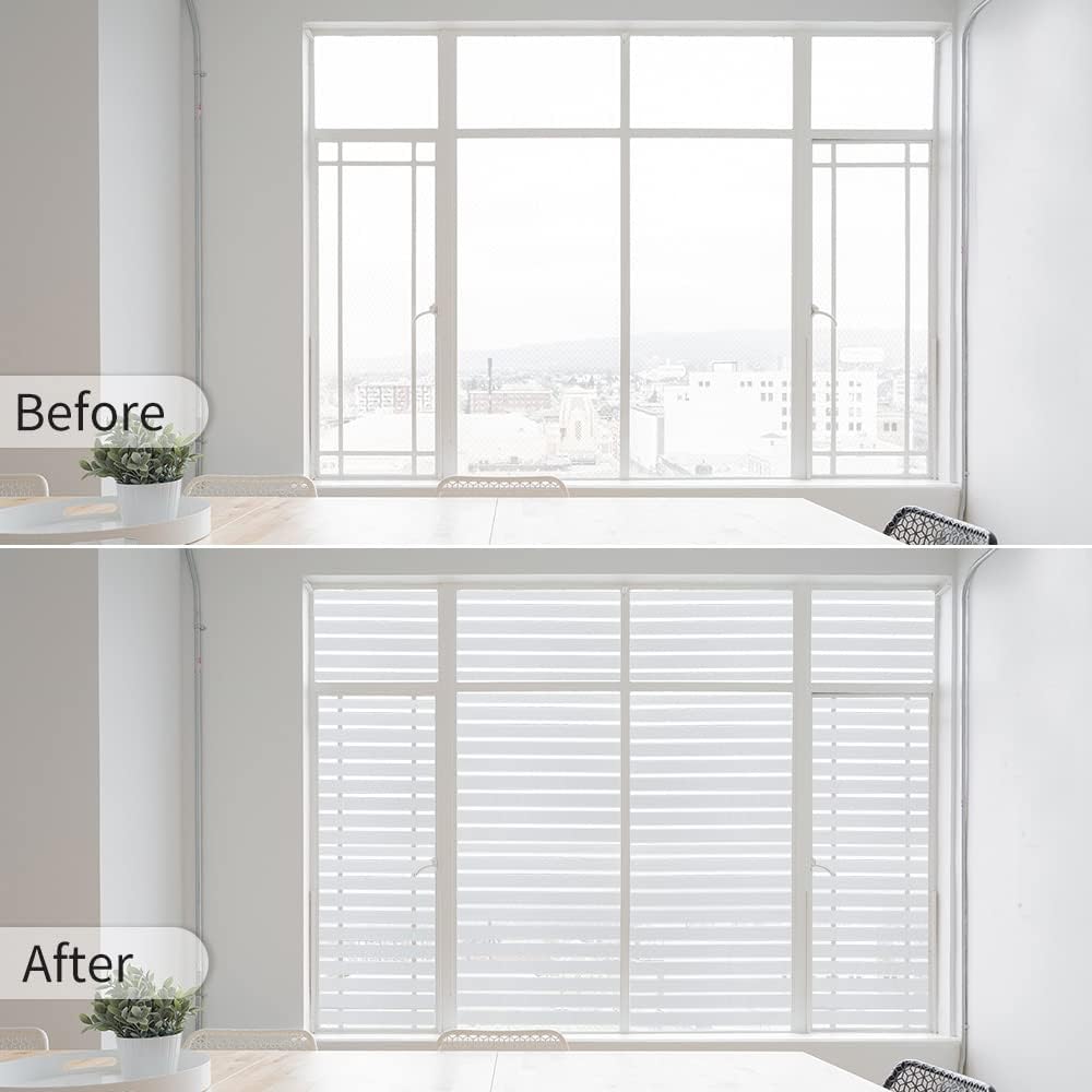 Window Privacy Film with Installation Tools, Static Cling, Anti UV, Heat Control, Ideal for Home Shower Office Glass Door (Stripes Pattern, 23.6X78.7Inch)