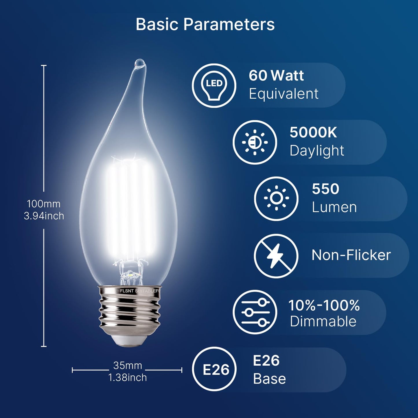 FLSNT LED Chandelier Bulbs, Dimmable, 60W Equivalent, 550LM, 12 Pack, Glass, 5000K Daylight