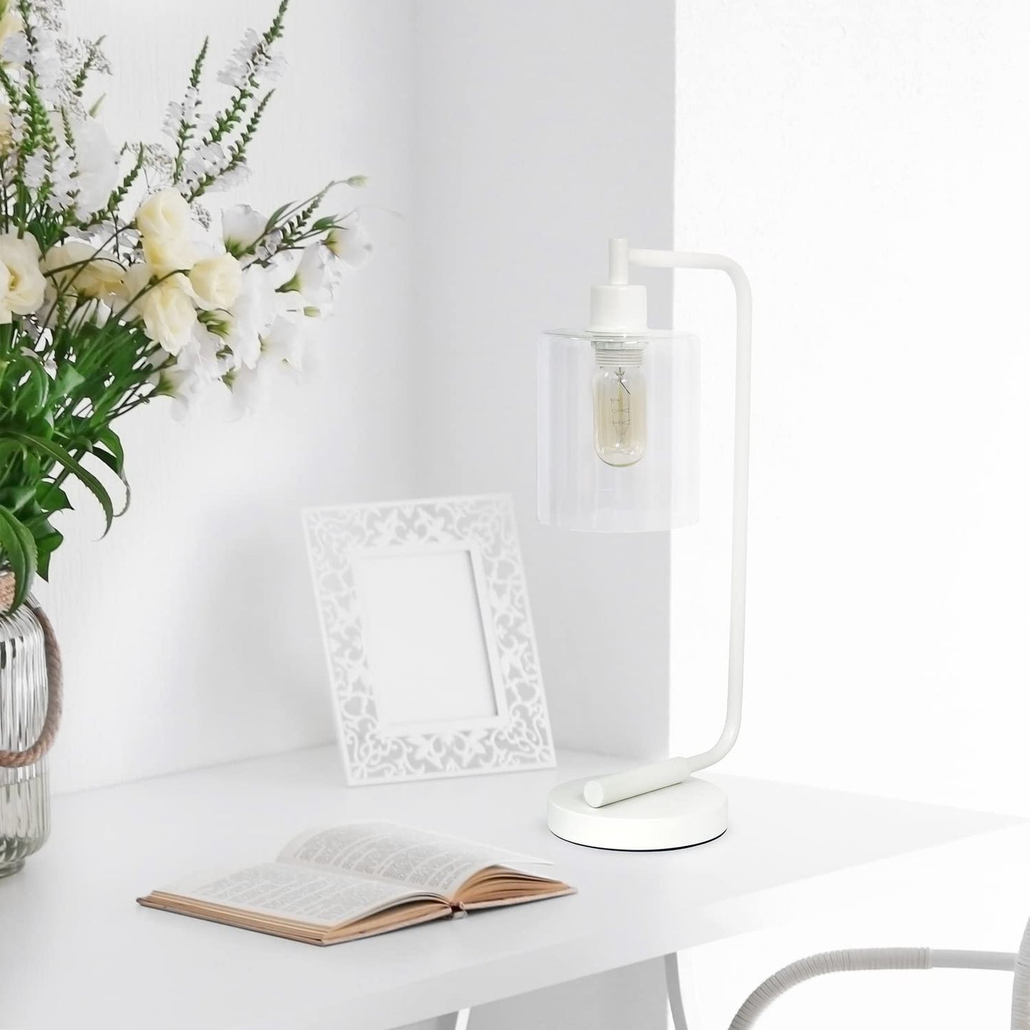LALIA HOME Modern Iron Desk Lamp, Glass Shade, 9 x 5.75 x 19 inches, White, Model LHD-2003-WH
