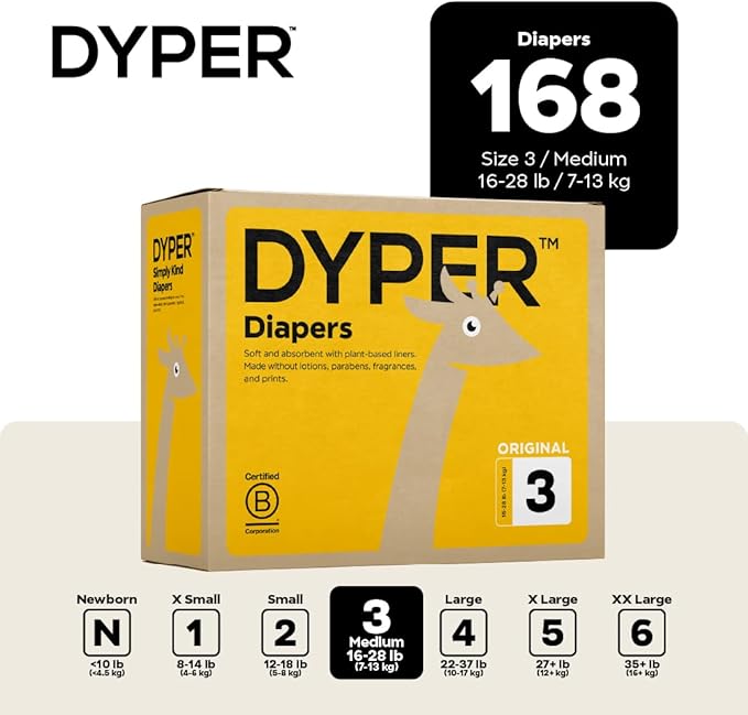 DYPER Baby Diapers Size 3 (168 Count) – Plant-Based, Hypoallergenic, Fragrance-Free & Ultra Absorbent Disposable Diapers for Day and Overnight Skin Protection, Value Pack Size 3 Diapers