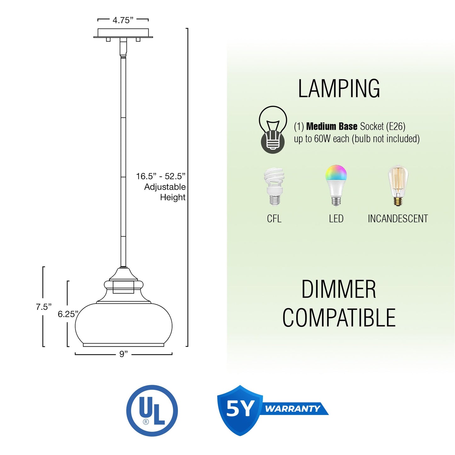 Kira Home Pendant Light, 9in Adjustable Height, Brushed Nickel Finish, Clear Glass Shade, Model RV-CP6802-BN