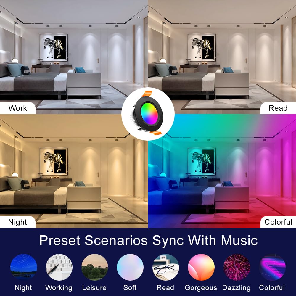 Inshareplus 2 Inch Smart Recessed Lighting 10 Pack  5W Wifi Rgb Led Downlight 2700-6500K Dimmable  Color Changing  Black Trim  Alexa Google Compatible  With Led Driver  120V Ceiling Lights
