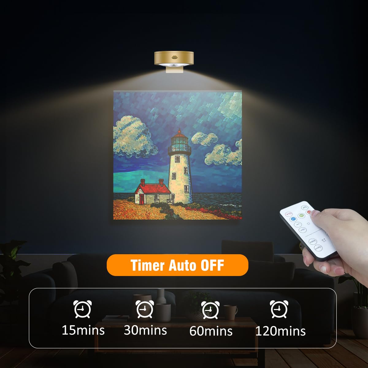 Xuolder 6-Pack Battery Operated Picture Light, Remote & Dimmable, Gold, Model xu36, Plastic, Wireless Wall Decor Puck Lights