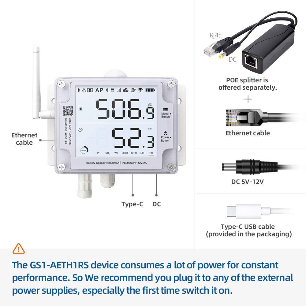 Ubibot GS1-AETH1RS + Siren Bundle Ethernet Thermometer Hygrometer, WiFi Temperature Humidity Sensor, Digital Temperature Data Logger, Free App Email Alert(2.4GHz WiFi & RJ45 Ethernet, no hub Required)