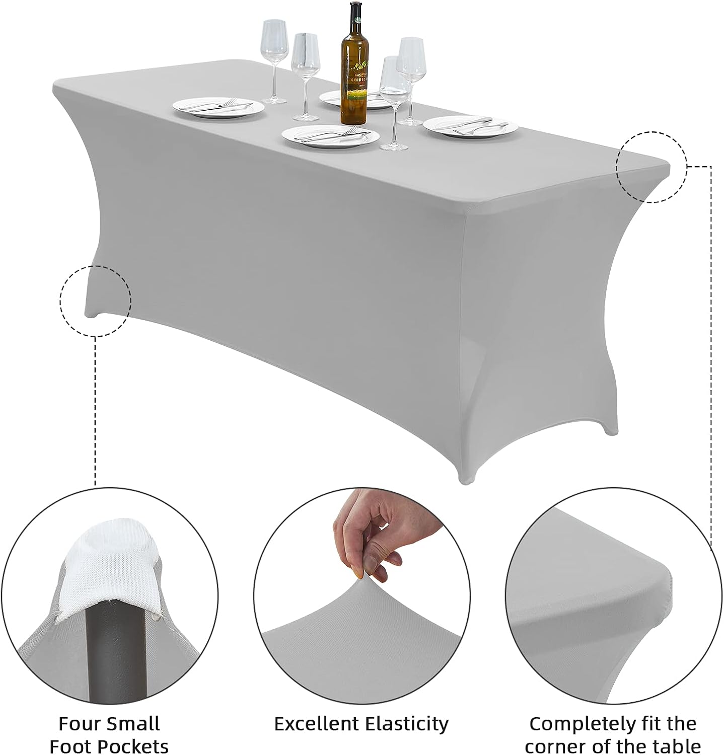CWK 6FT Waterproof Stretch Spandex Table Cover for Rectangular Tables - Elastic Fitted Tablecloth for Folding Tables,Wrinkle Resistant Table Cloth for Parties, Weddings, Banquets & Events (Silver)