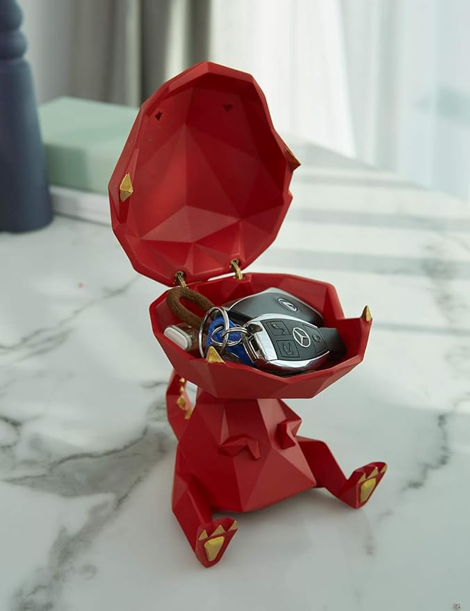 HAUCOZE Dinosaur Statue Candy Dish Key Bowl Dino Gifts Sculpture Modern Home Decor Accessories Pop Arts Polyresin Cookie Jar Red 7.5 inch