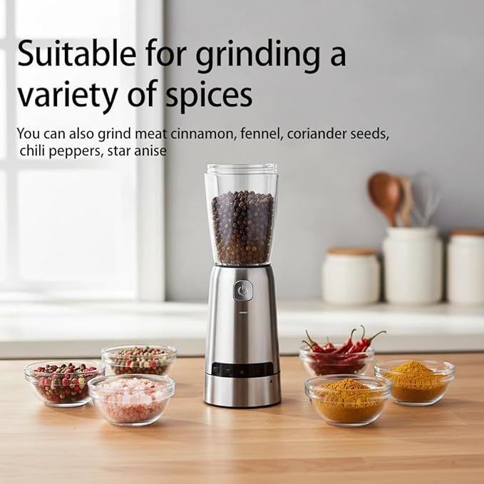 Electric Salt and Pepper Grinder Set, with LED Lights, Stainless Steel Automatic Pepper & Salt Mill with 5 Adjustable Coarseness (Upgraded Larger Capacity 150 ML)