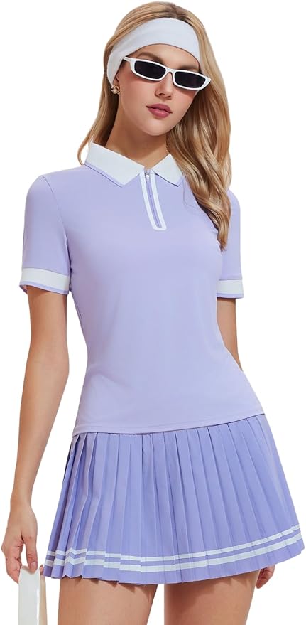 IUK Women's 2-Piece Tennis Skirt Set, Polo V-Neck Top & High-Waisted Pleated Skirt, Athletic Outfit for Golf Pickleball