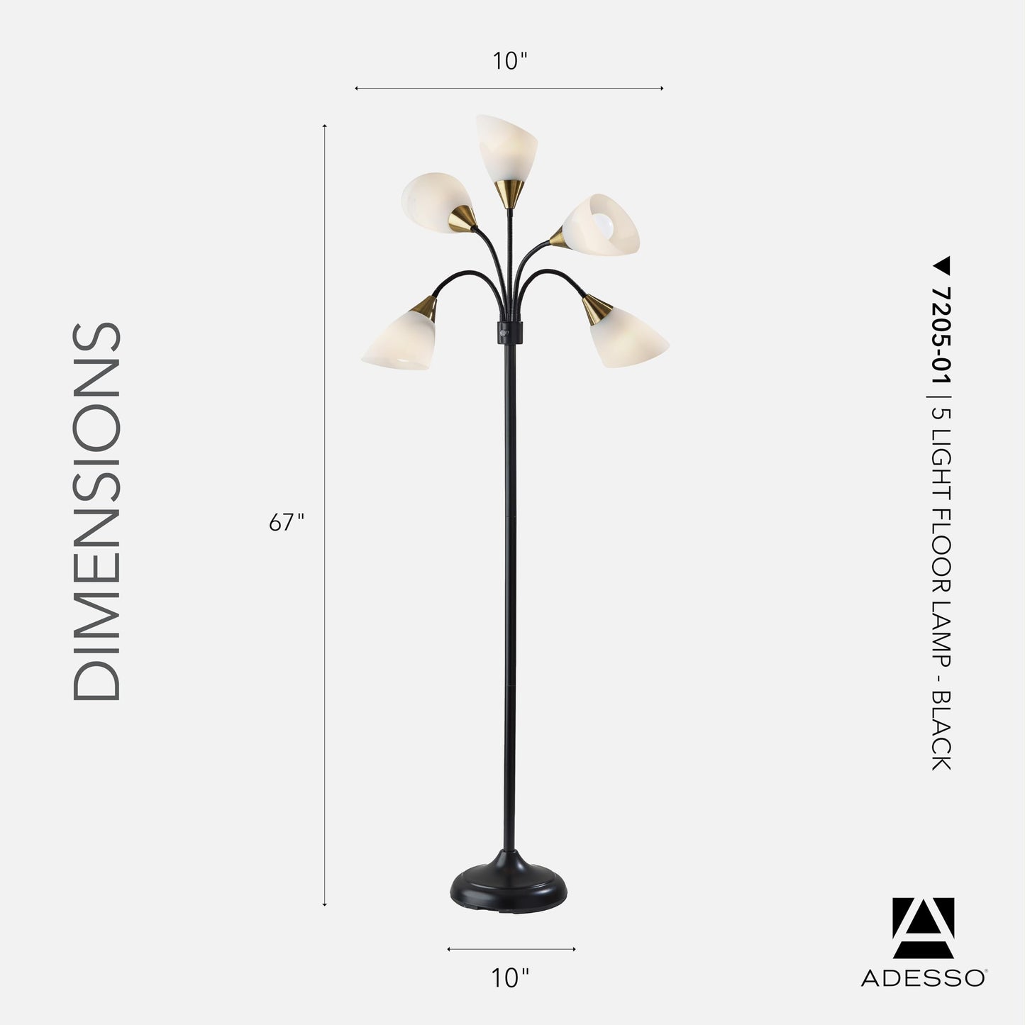 Adesso Floor Lamp With 5 Movable Shades, Adjustable Brightness, Black, Model 7205-22, Ideal For Bedroom Decor & Art Studios