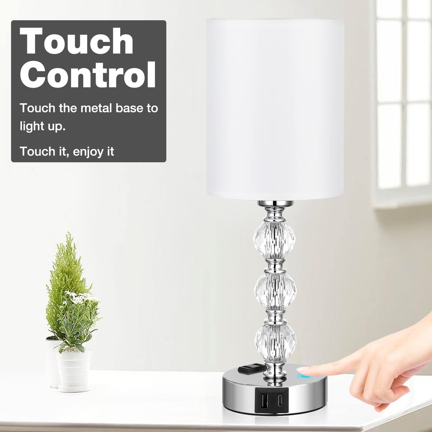 Acaxin Touch Bedside Crystal Lamp With Usb Charging Port, 14.6In, White, 3-Way Dimmable For Bedroom, Living Room, Kitchen