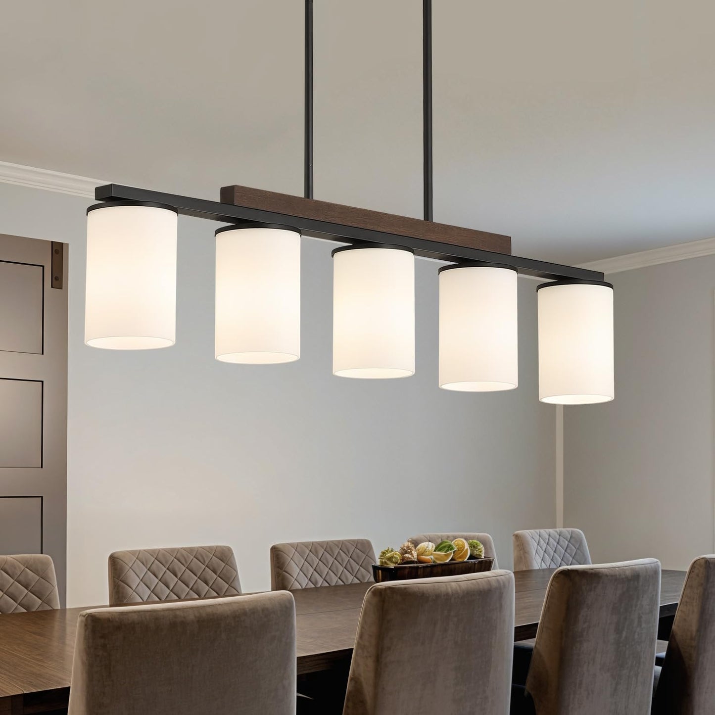 Mecgirn Farmhouse Dining Room Light Fixtures Over Table  Black Pendant Lights For Kitchen Island With Milk Glass Shade  5 Light Linear Chandelier Lighting With Wood