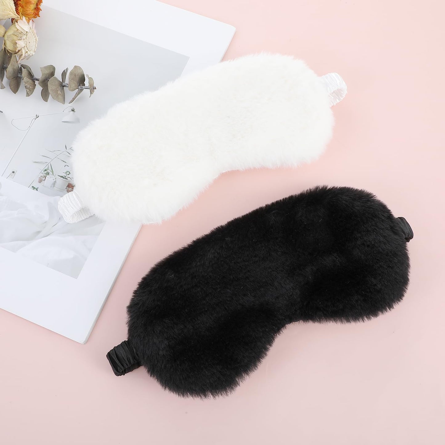 2 Pcs Plush Sleep Eye Mask Cute Soft Sleeping Blindfold Adjustable Furry Nap Eye Cover Night Comfortable Faux Fur Eyeshade for Plane Game Winter Men Women Gift(White, Black)