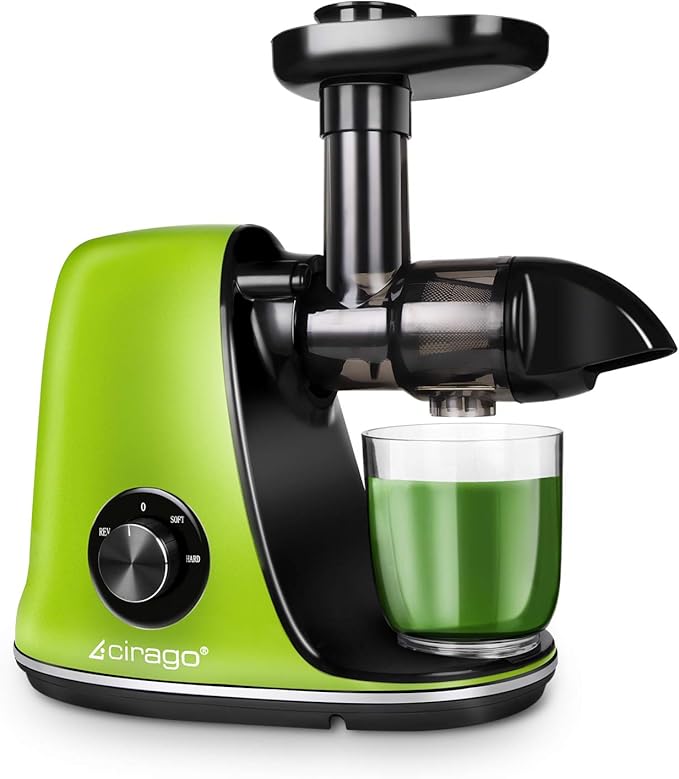 CIRAGO Horizontal Cold Press Juicer, Two Speed Adjustments, Slow Masticating Juicer Extractor, Easy to Clean, Silent Motor, Suitable for Vegetables and Fruits, BPA Free (Green)