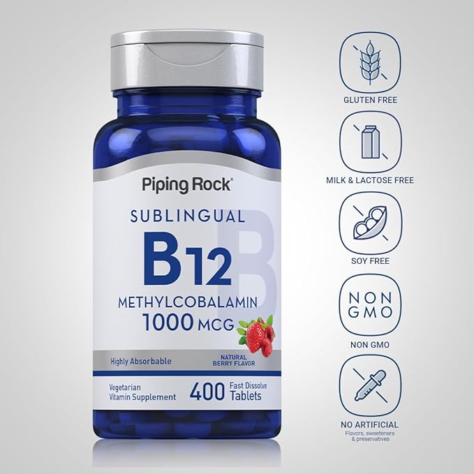 Piping Rock Vitamin B12 Sublingual Tablets | 1000 mcg | 400 Pills | Methylcobalamin Supplement for Women and Men | Berry Flavor | Vegetarian, Non-GMO, Gluten Free