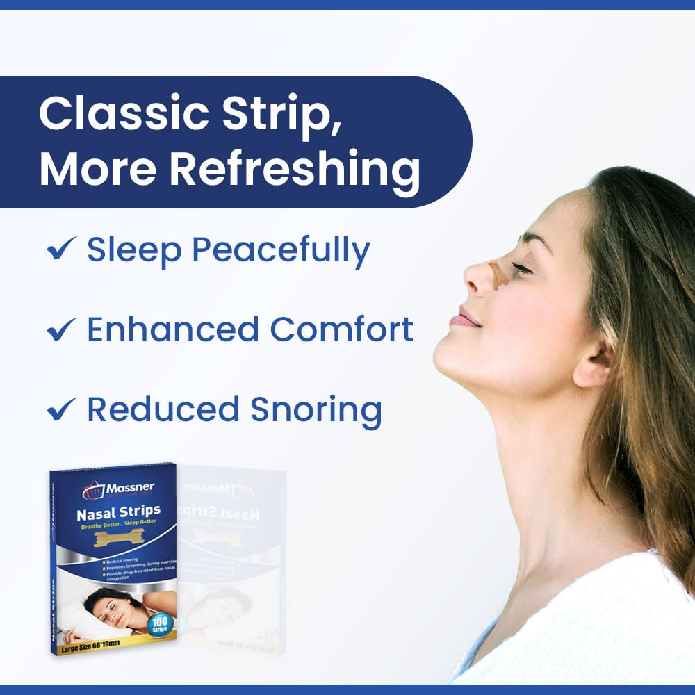 MASSNER Nasal Strips for Snoring & Breathing – Soft, Plastic-Free Nose Strips for Sleeping – Drug-Free, No Magnet Design for Comfortable Airflow (Large 100 Count)