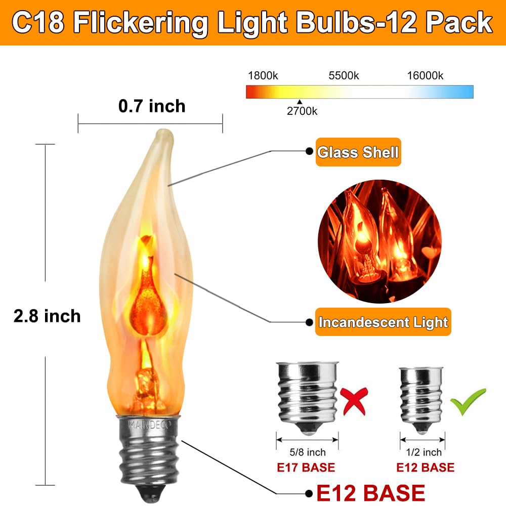 Couah Flicker Flame Light Bulb, Clear Flame Tip E12 Candelabra Base, 120V, 12 Pack